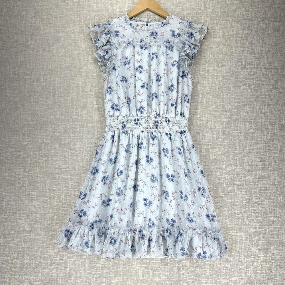CeCe Pale Blue Floral Ruffle-Sleeve Smocked Waist Dress